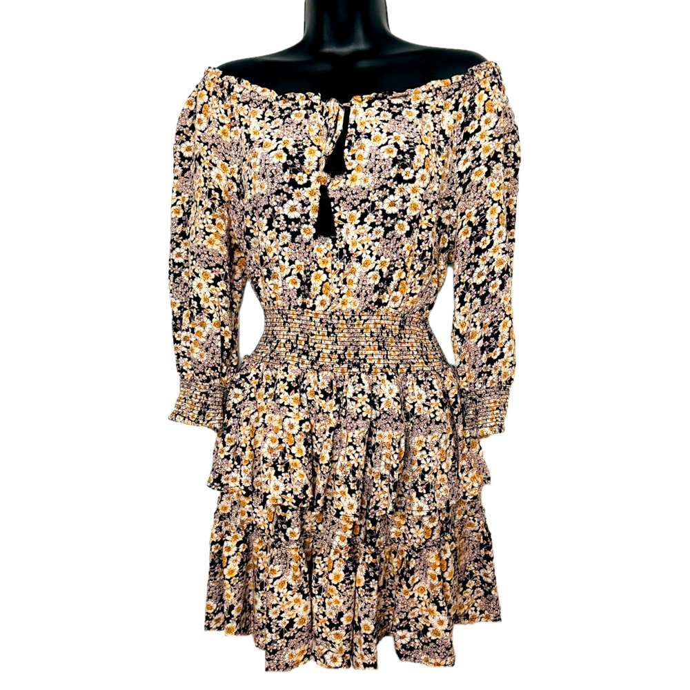 Floral Smocked Waist Off-Shoulder Mini Dress - Yellow/Black